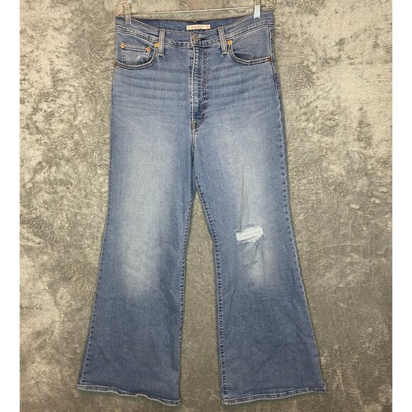 Levis Women Ribcage Bell Bottom Flared Extra High Rise Distressed Denim Jean 32 - Picture 1 of 15